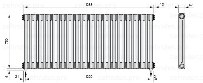 Схема (чертеж) Радиатор Zehnder Charleston 2075/28 №5310 Белый глянцевый RAL 9016